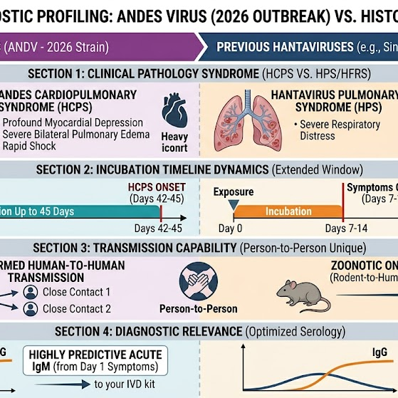 Infographic comparing Andes virus and historical hantaviruses, including transmission, symptoms, diagnostic relevance, and outbreak characteristics