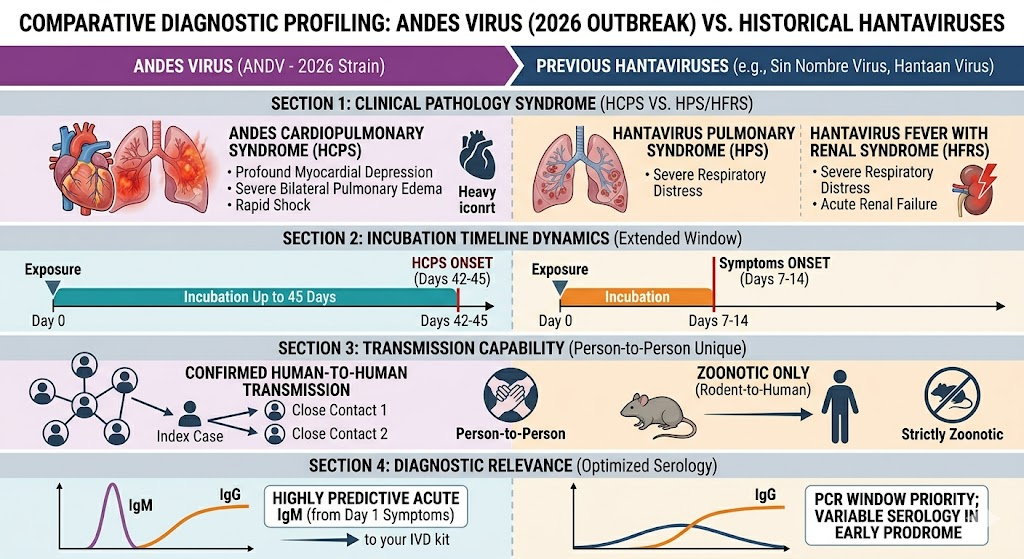 Infographic comparing Andes virus and historical hantaviruses, including transmission, symptoms, diagnostic relevance, and outbreak characteristics