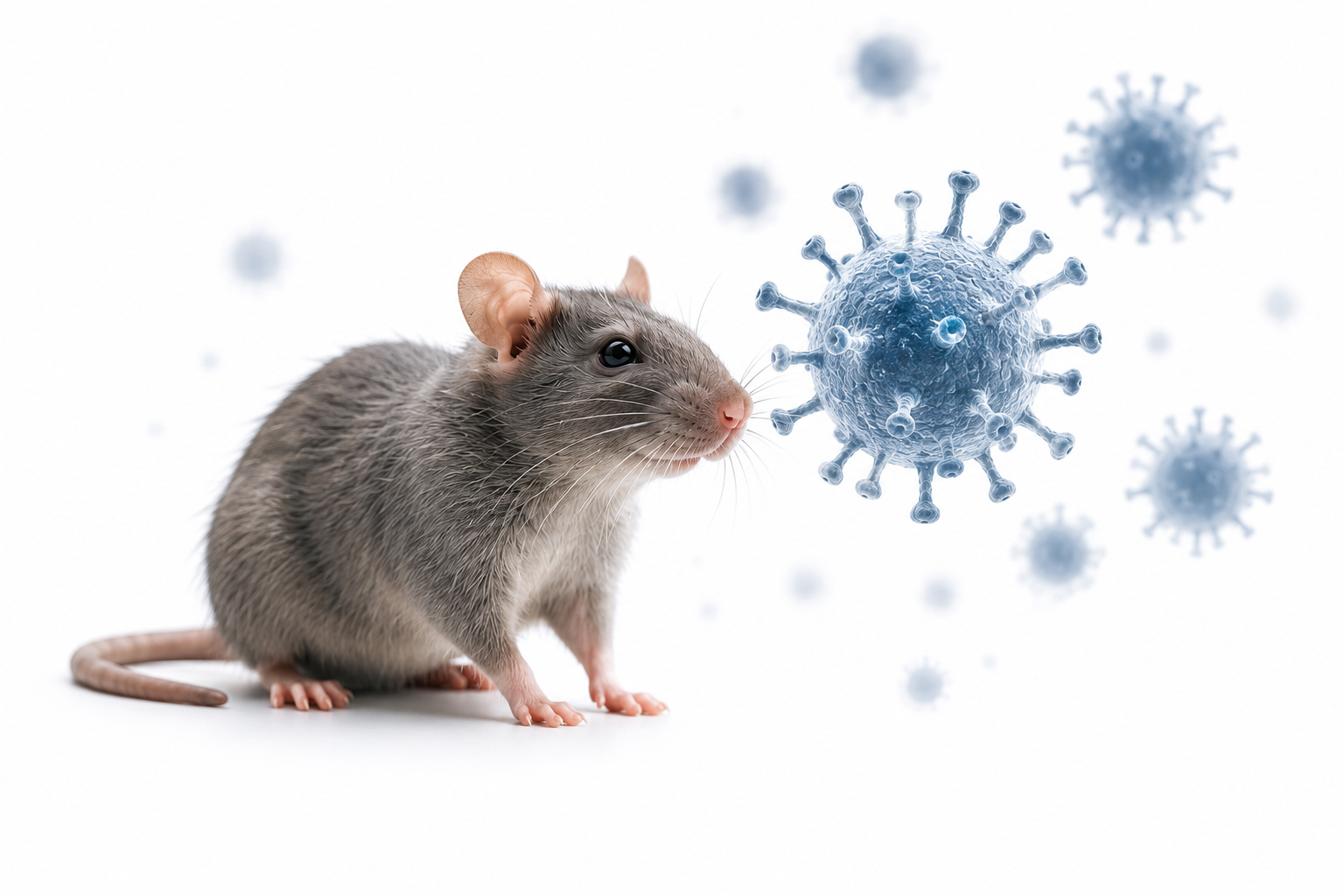 Scientific illustration of a rat beside hantavirus particles on a white background representing rodent-borne virus transmission